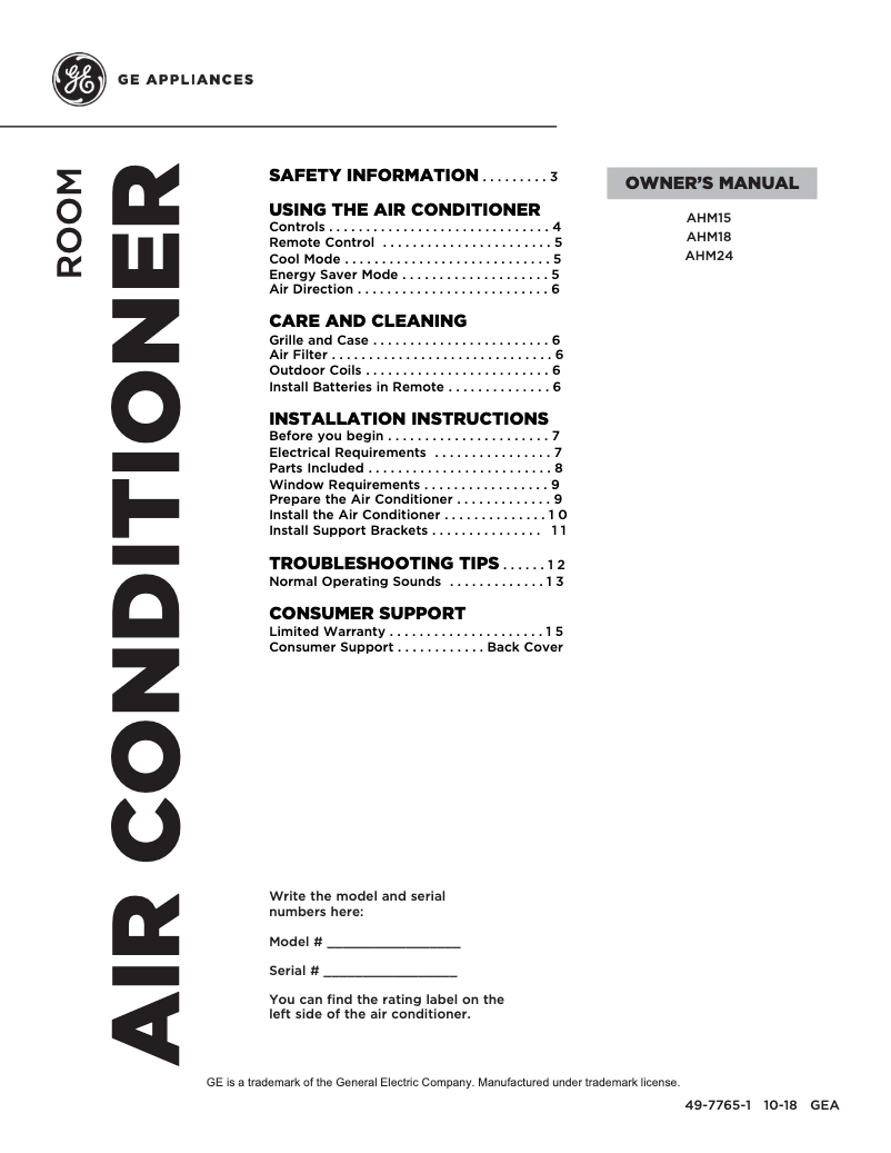 Page 1 de la notice Manuel d'utilisation et d'entretien GE AHM24DY