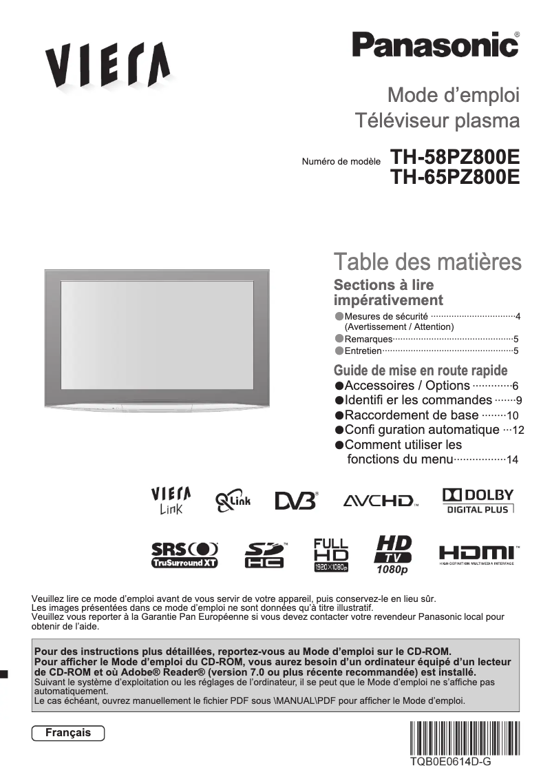 Page 1 de la notice Manuel utilisateur Panasonic TH-65PZ800E