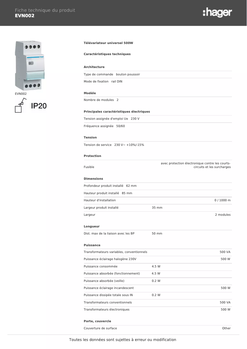Page n°1 - Fiche technique Hager EVN002