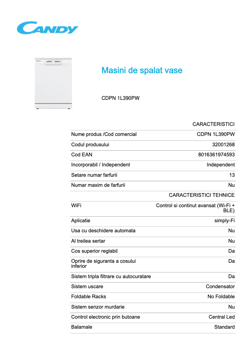 Page n°1 - Fiche technique Candy CDPN 1L390PW
