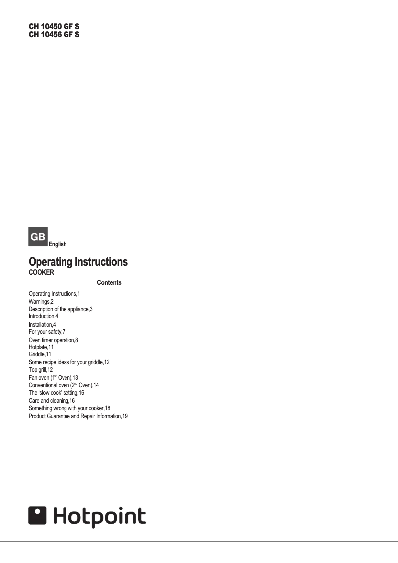 Page 1 de la notice Manuel utilisateur Hotpoint CH10456GF S