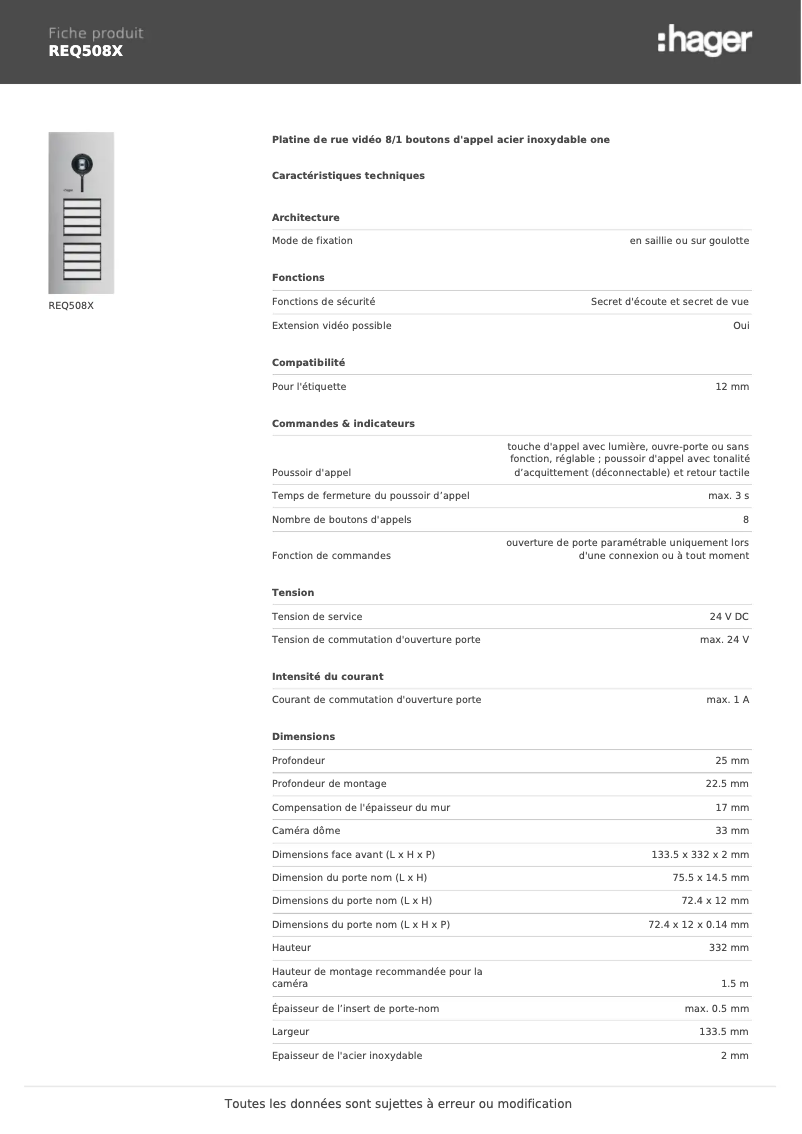 Page 1 de la notice Fiche technique Elcom REQ508X