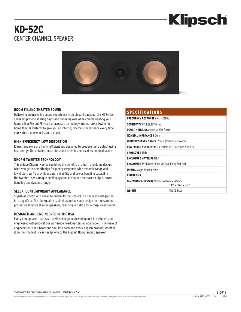 Page n°1 - Fiche technique Klipsch KD-52C
