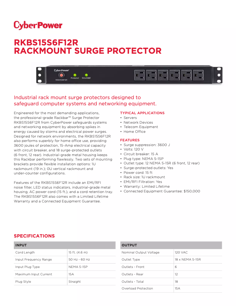 Page 1 de la notice Fiche technique CyberPower Rackbar RKBS15S6F12R