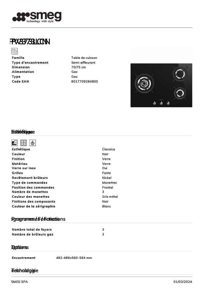 Page 1 de la notice Fiche technique Smeg PV373LCN