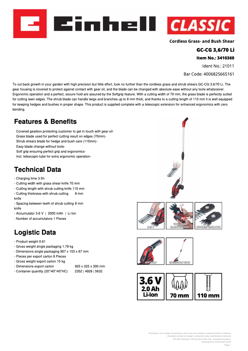 Page n°1 - Fiche technique Einhell GC-CG 3,6/70 Li