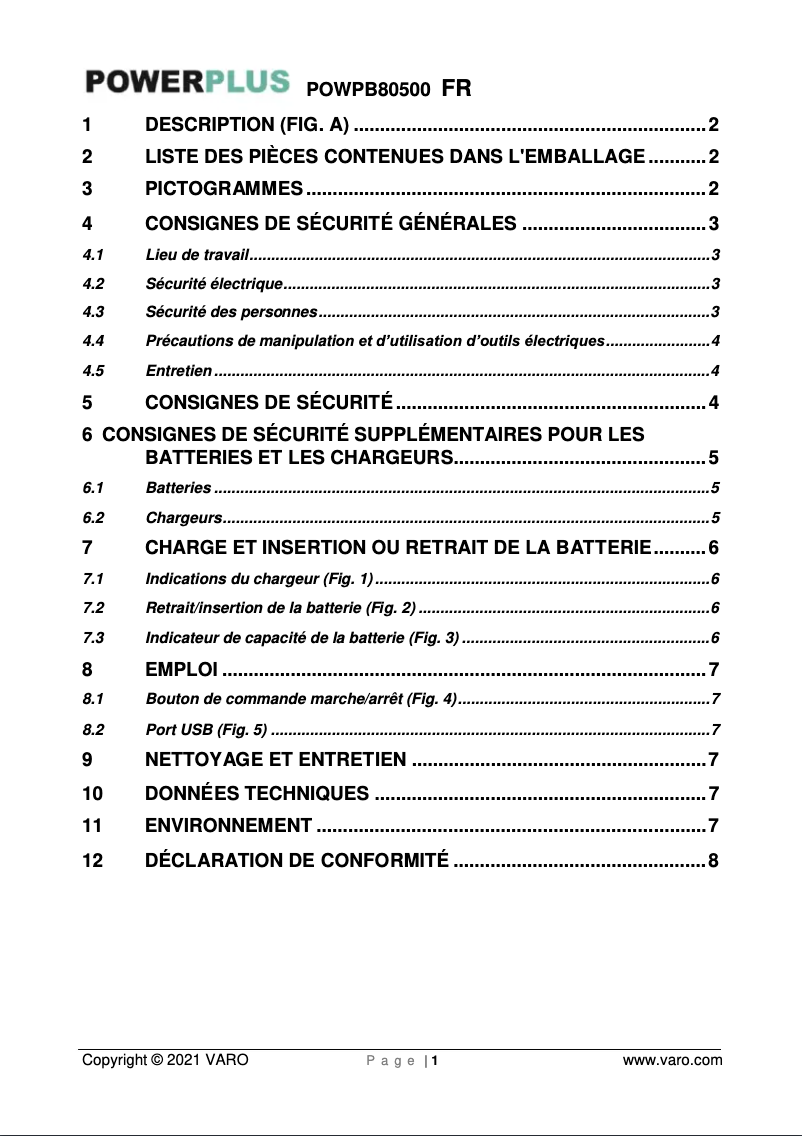 Page n°1 - Manuel utilisateur PowerPlus POWPB80500
