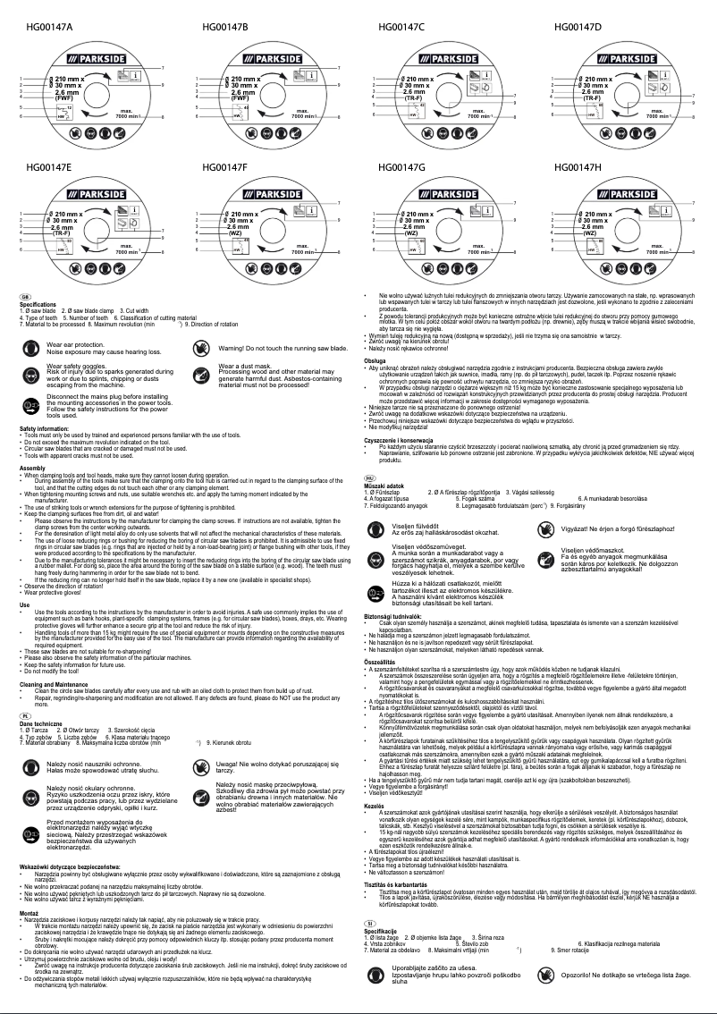 Page 1 de la notice Manuel utilisateur Parkside HG00147A