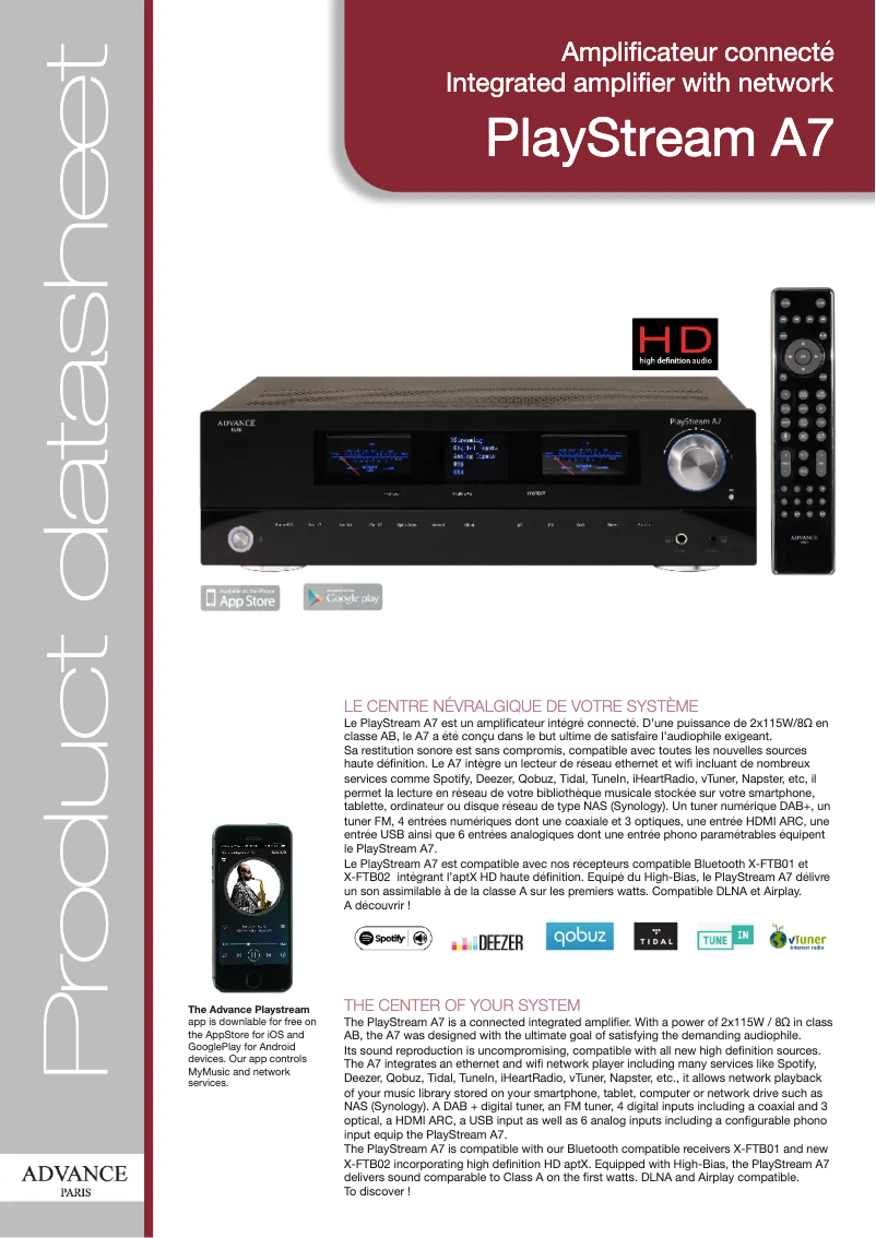 Page 1 de la notice Fiche technique Advance PlayStream A7