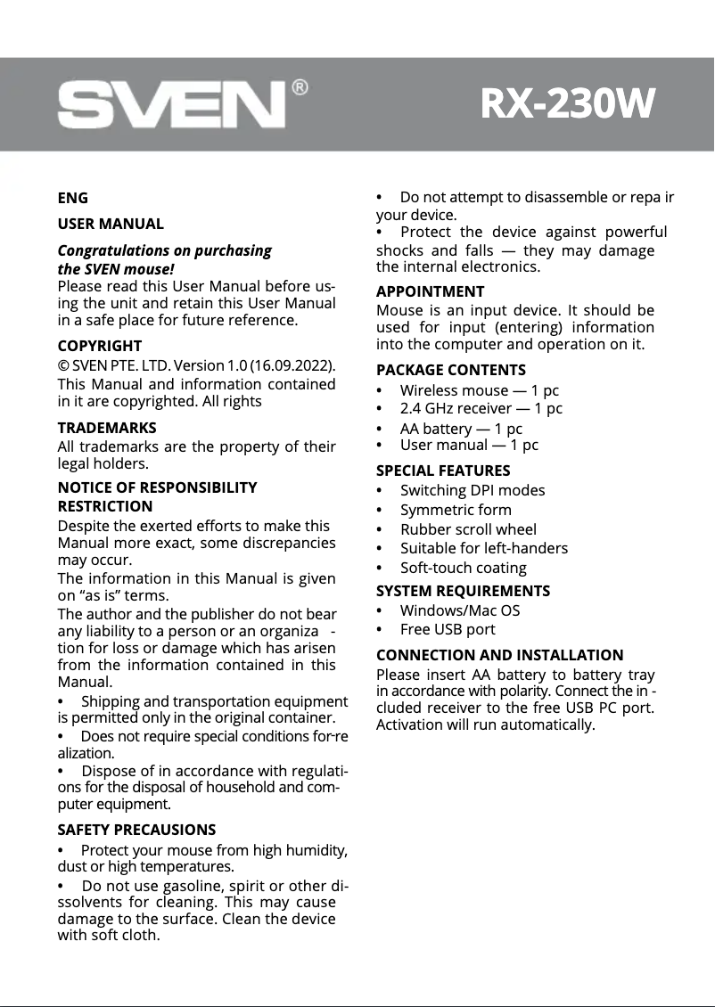 Page n°1 - Manuel utilisateur Sven RX-230W