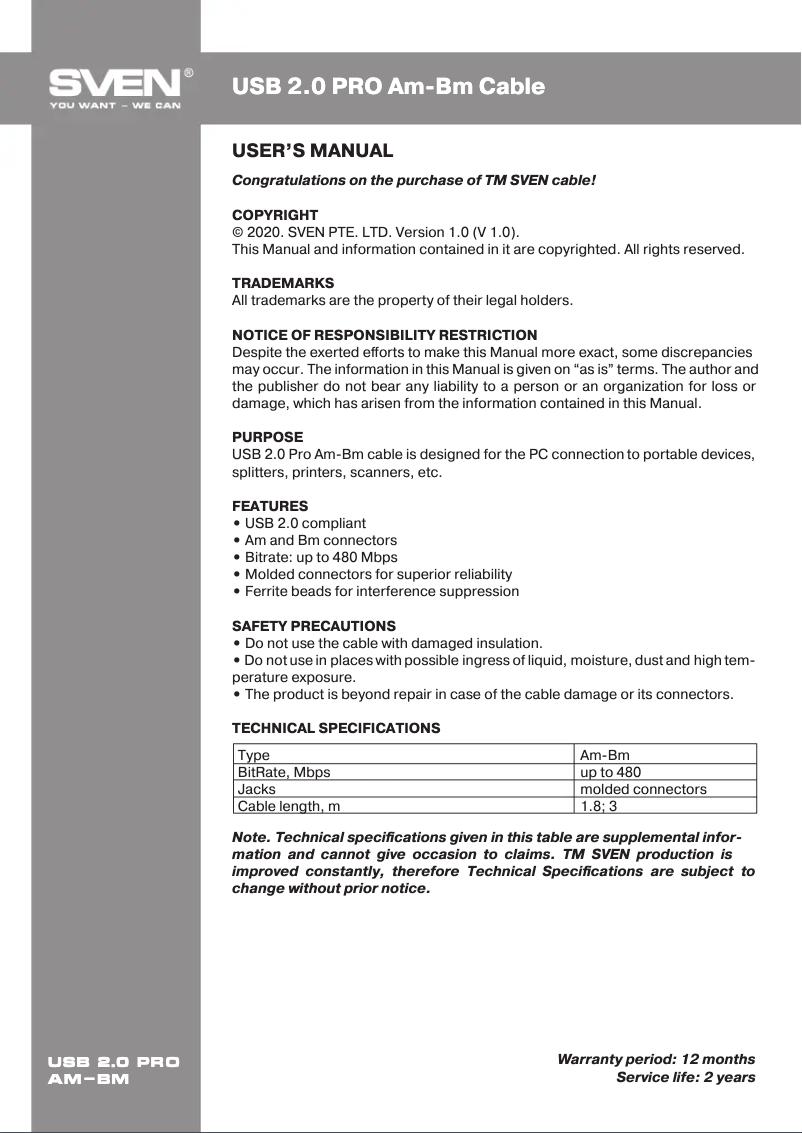 Page n°1 - Manuel utilisateur Sven USB 2.0 PRO AM-BM