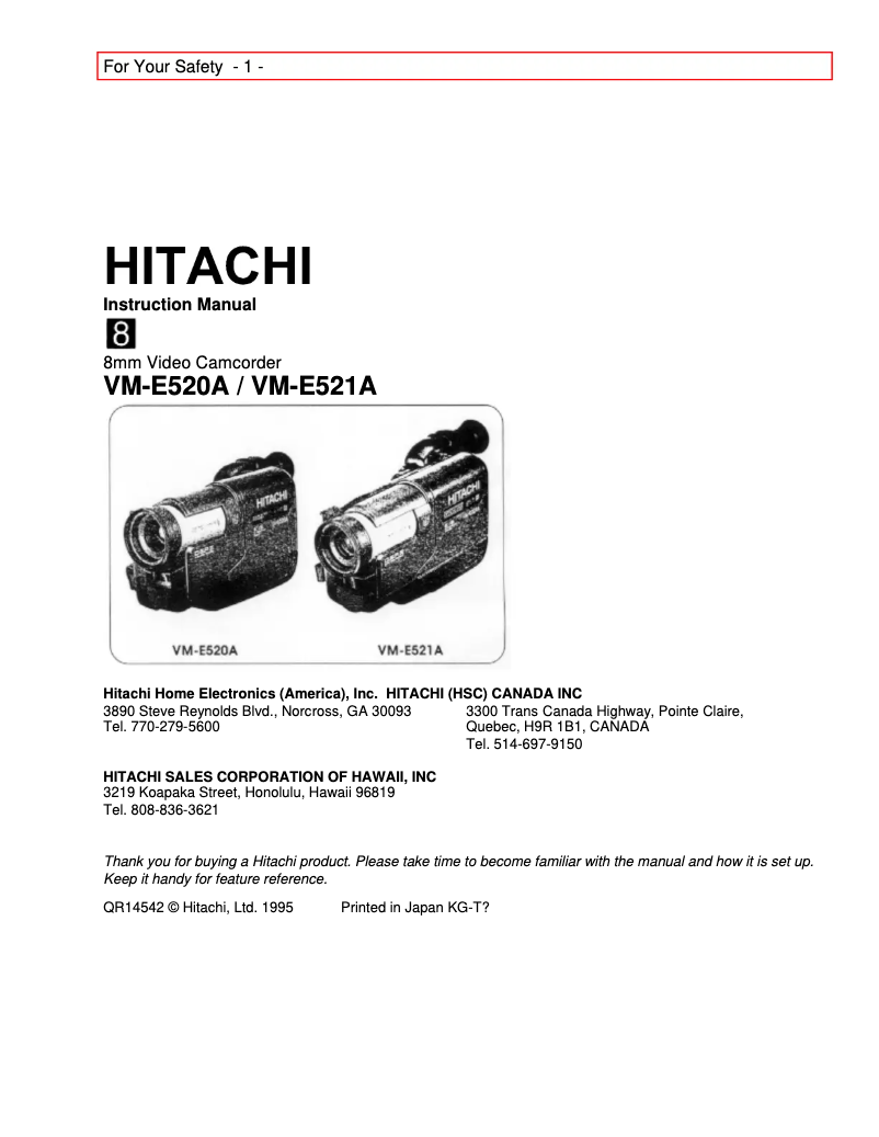 Page n°1 - Manuel utilisateur Hitachi VM-E521A