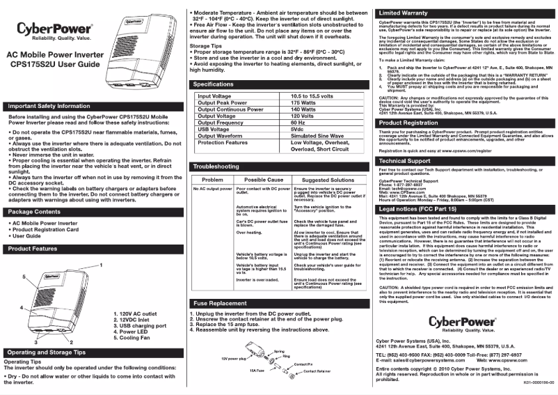 Page n°1 - Manuel utilisateur CyberPower CPS175S2U