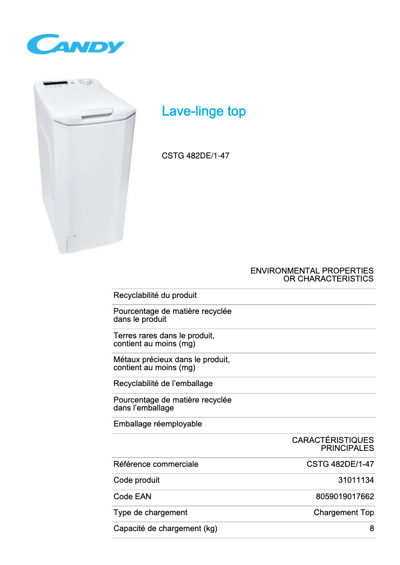 Page 1 de la notice Fiche technique Candy CSTG 482DE/1-47