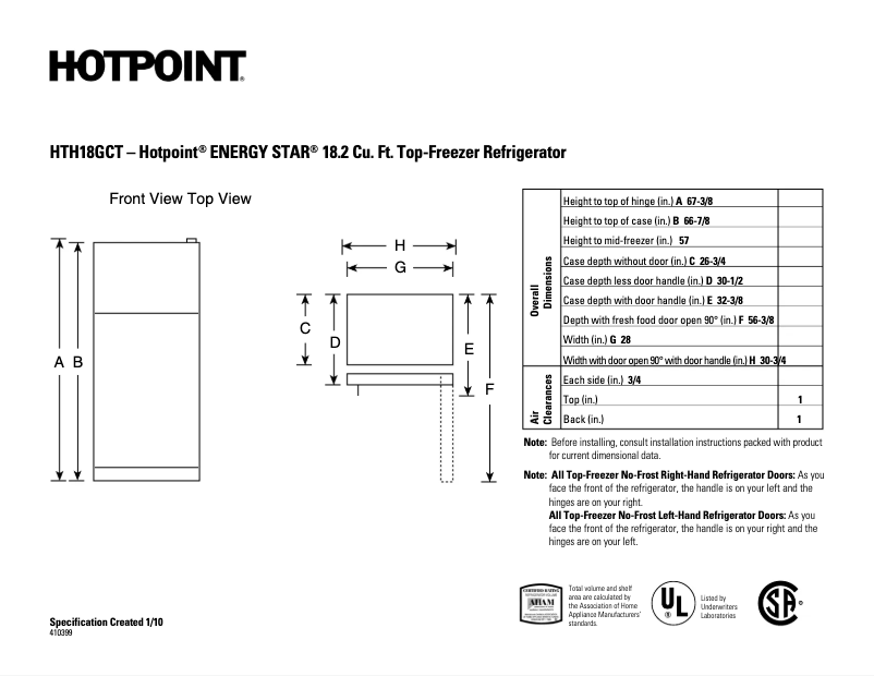 Page 1 de la notice Fiche technique Hotpoint HTH18GCTWW