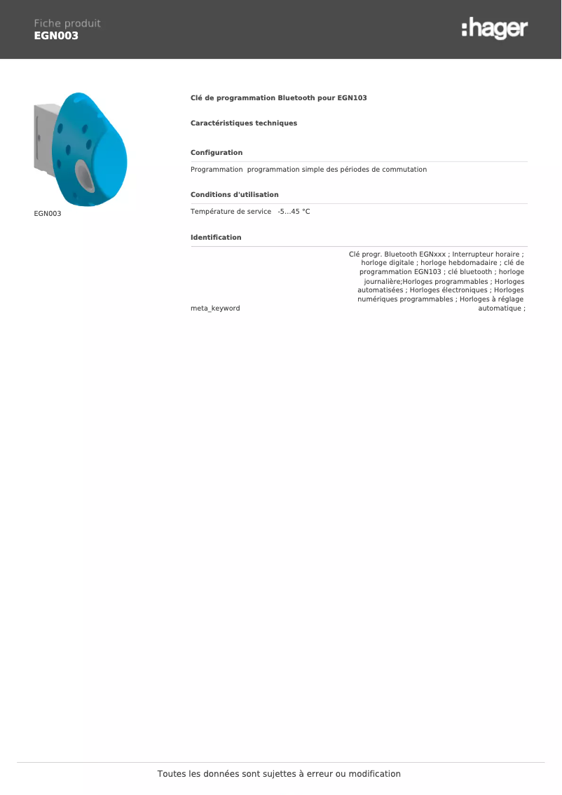 Page 1 de la notice Fiche technique Hager EGN003