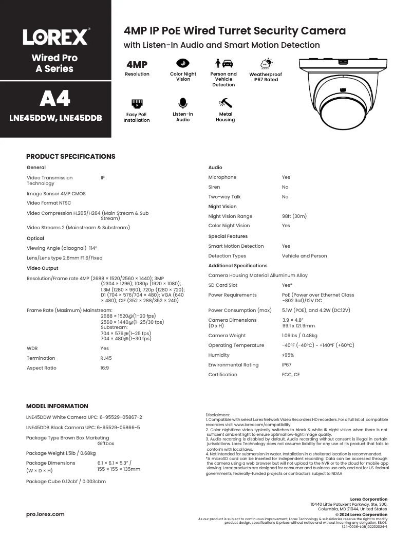 Page 1 de la notice Fiche technique Lorex LNE45DDB