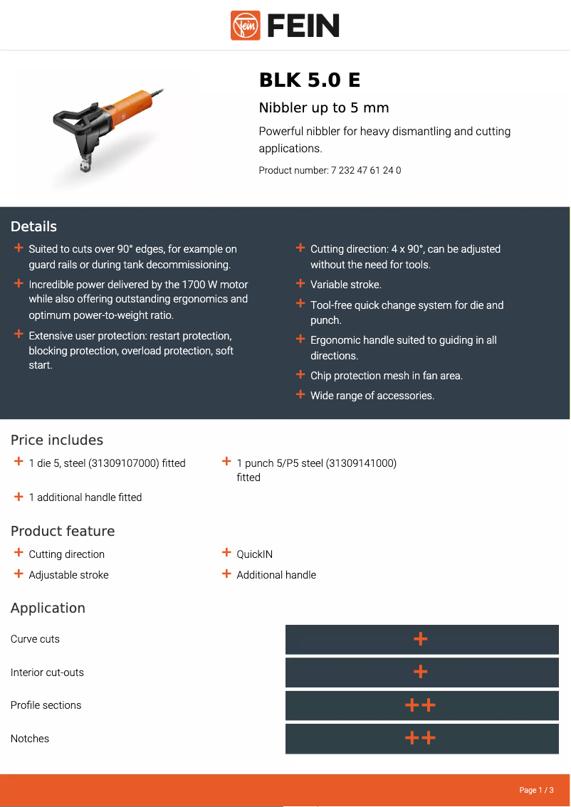 Página 1 del manual Ficha técnica Fein BLK 5.0 E