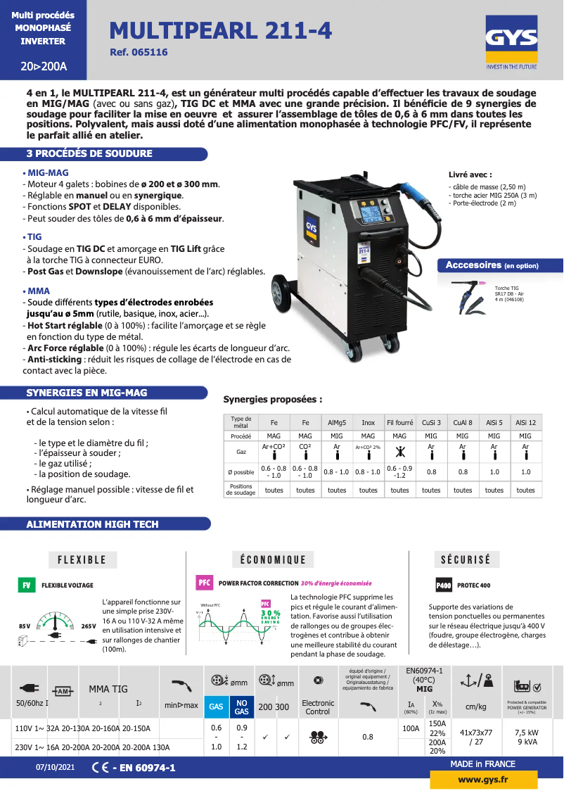 Page 1 de la notice Fiche technique GYS Multipearl 211-4