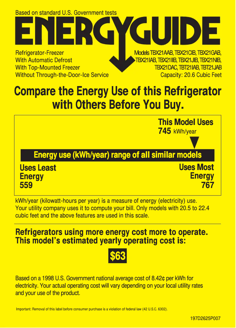 Page 1 de la notice Label énergétique GE TBX21IABWW