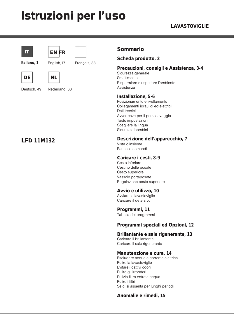 Page 1 de la notice Manuel utilisateur Hotpoint Ariston LFD 11M132