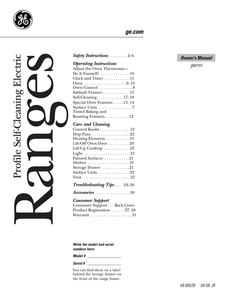 Image de la première page du manuel de l'appareil Profile JBP49CKCC