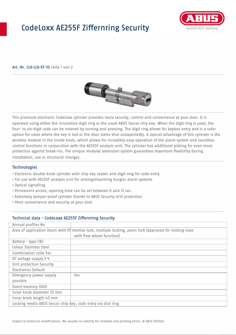 Page 1 de la notice Fiche technique Abus CLX-LCA-EF-10