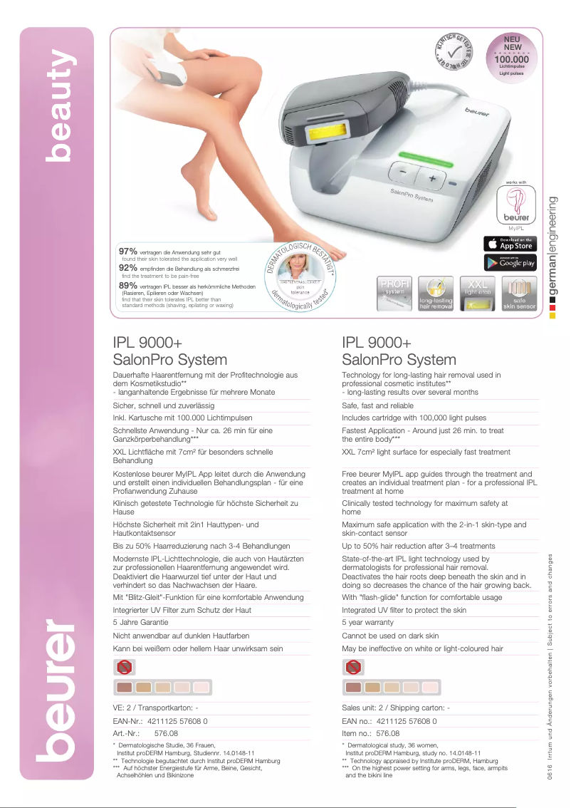 Page 1 de la notice Fiche technique Beurer SalonPro System IPL 9000+