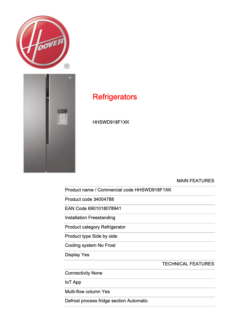 Page n°1 - Fiche technique Hoover HHSWD918F1XK