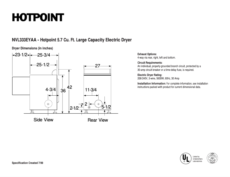 Page 1 de la notice Fiche technique Hotpoint NVL333EYAA