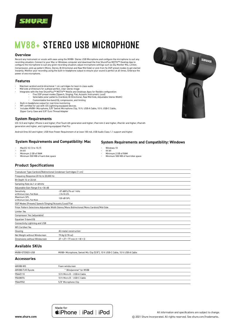 Page 1 de la notice Fiche technique Shure MV88+