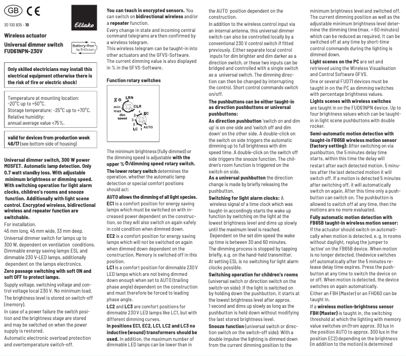 Page 1 de la notice Manuel utilisateur Eltako FUD61NPN-230V