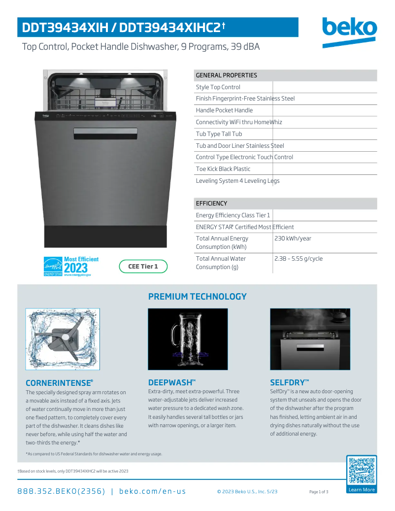 Page 1 de la notice Fiche technique Beko DDT39434XIHC2
