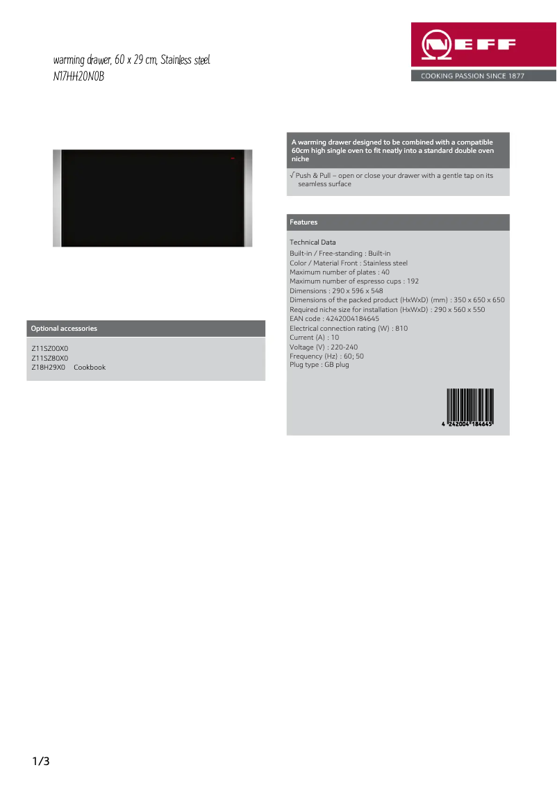 Page 1 de la notice Fiche technique Neff N17HH20N0B