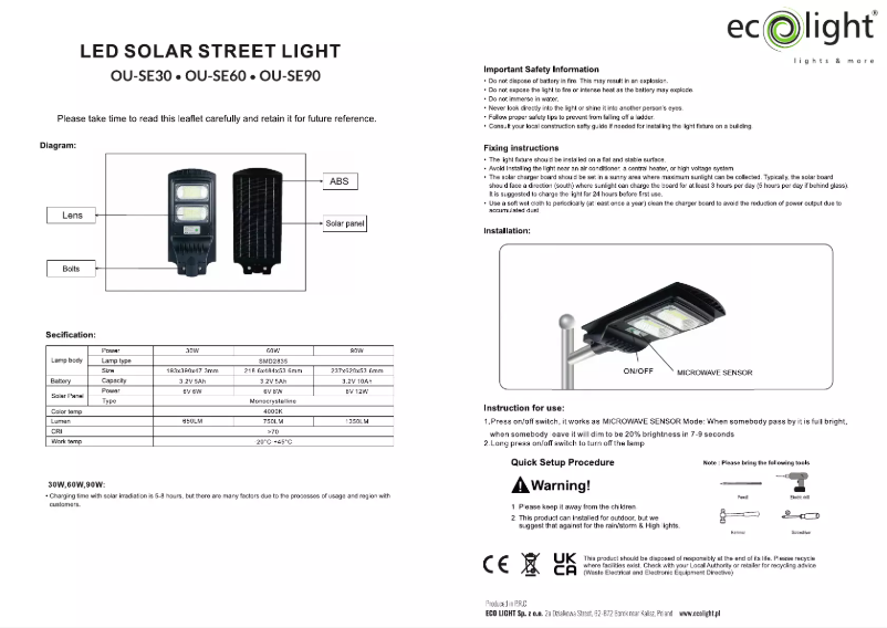 Page 1 de la notice Manuel utilisateur Ecolight OU-SE30