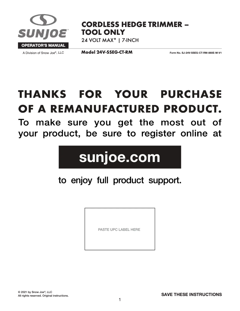 Page 1 de la notice Manuel utilisateur Sun Joe 24V-SSEG-CT-RM