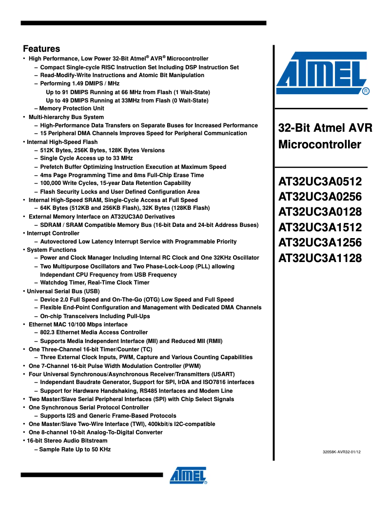 Page 1 de la notice Fiche technique Microchip AT32UC3A1128