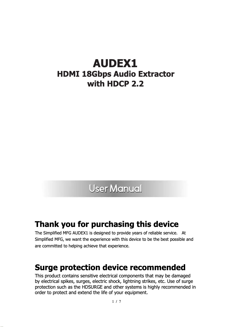 Page 1 de la notice Manuel utilisateur Simplified MFG AUDEX1
