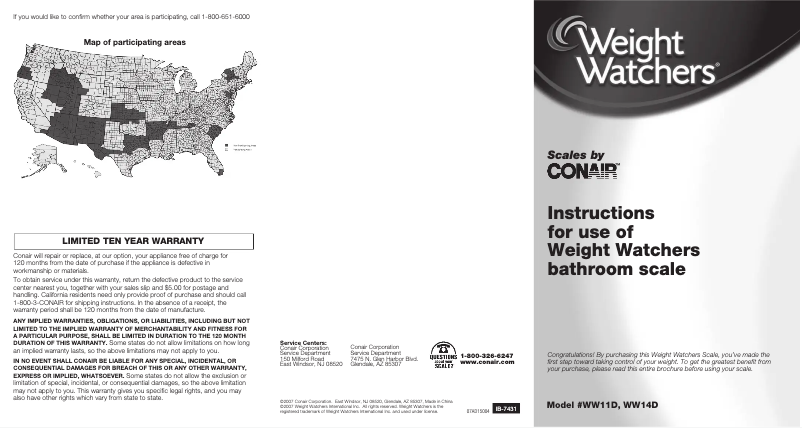 Page 1 de la notice Manuel utilisateur Conair Weight Watchers WW11D