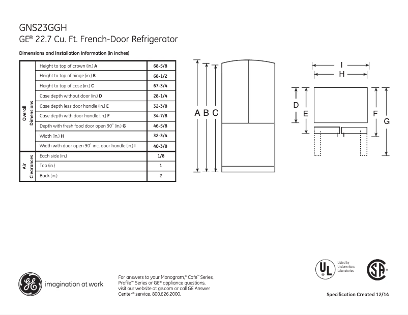 Page 1 de la notice Fiche technique GE GNS23GGHWW