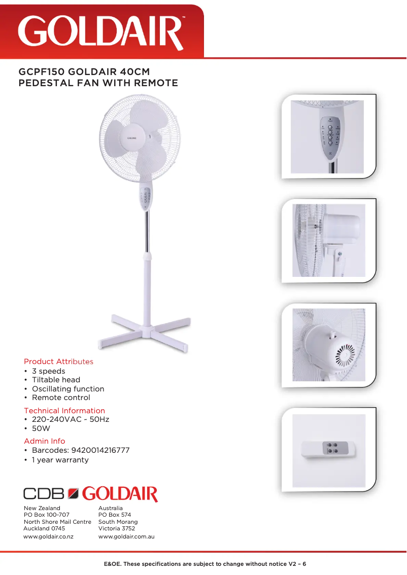 Page 1 de la notice Fiche technique GoldAir GCPF150