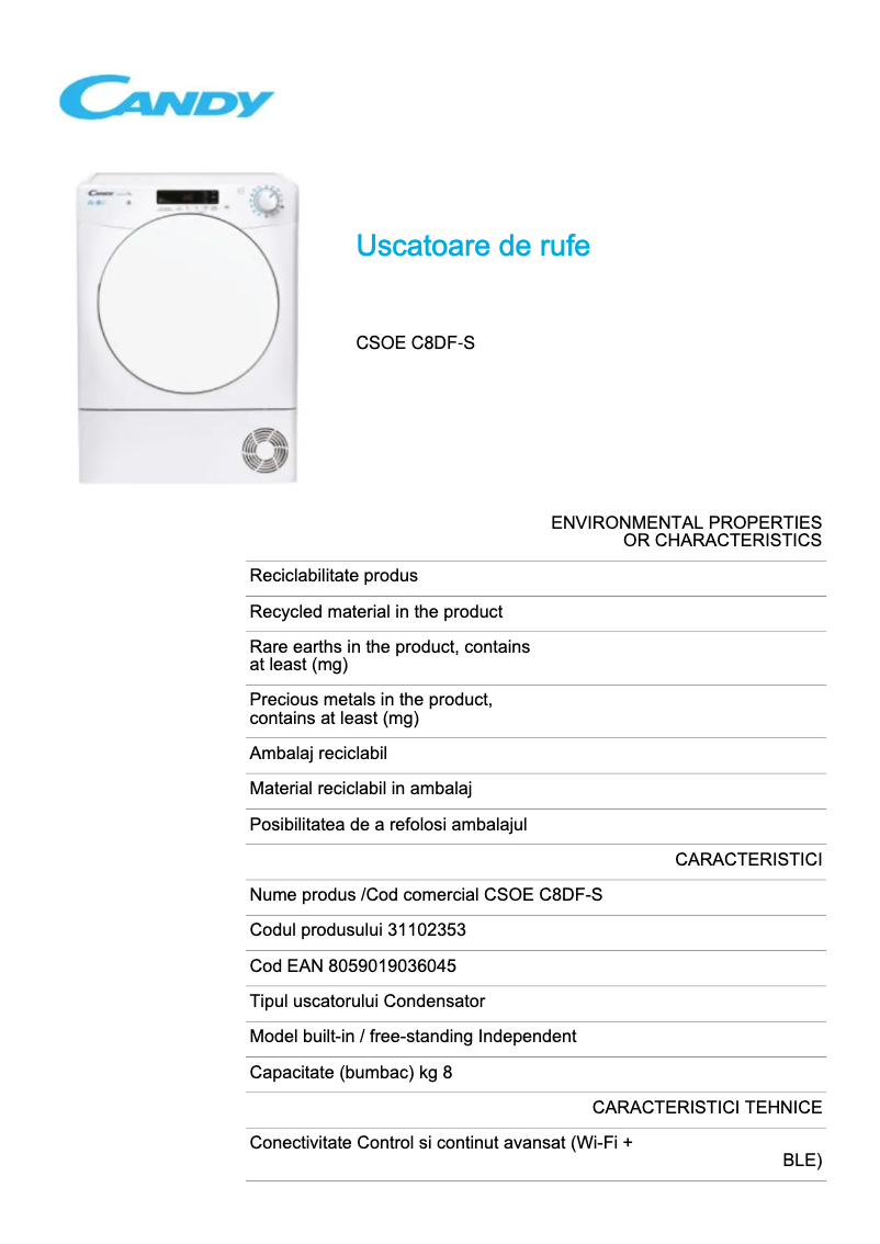 Page 1 de la notice Fiche technique Candy CSOE C8DF-S