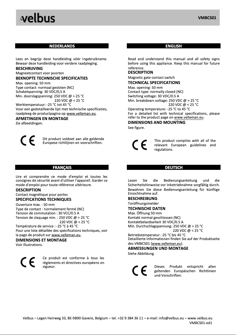 Page 1 de la notice Manuel utilisateur Velbus VMBCS01