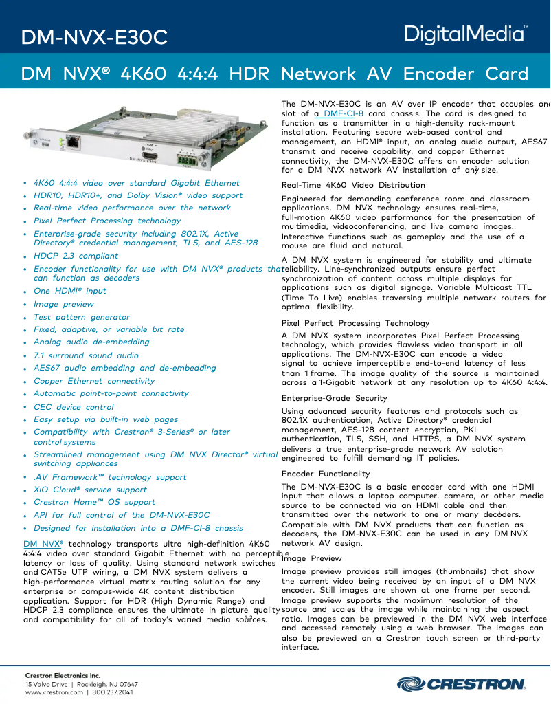 Page 1 de la notice Fiche technique Crestron DM-NVX-E30C