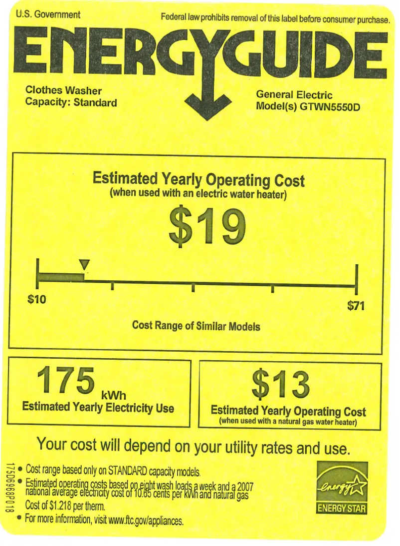 Page 1 de la notice Label énergétique GE GTWN5550DWW