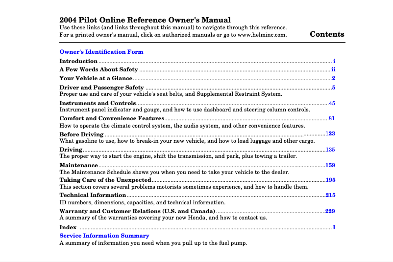 Page 1 de la notice Manuel utilisateur Honda Pilot (2004)