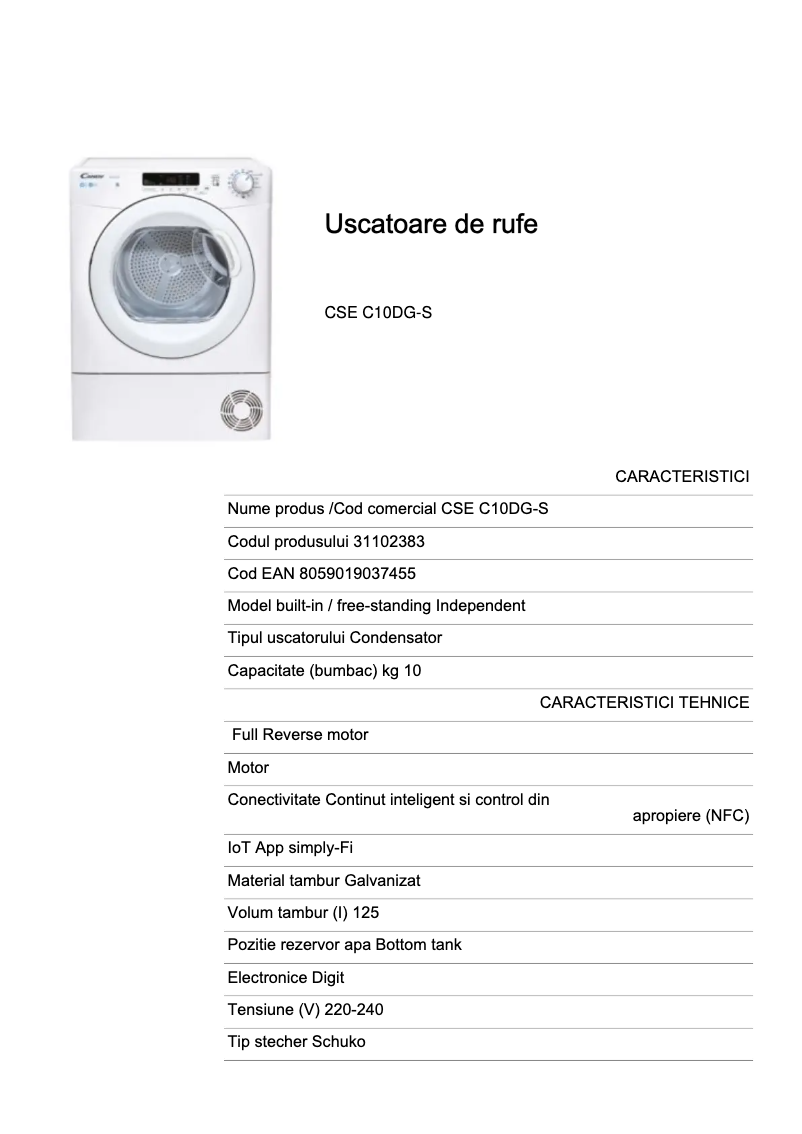 Page 1 de la notice Fiche technique Candy CSE C10DG-S