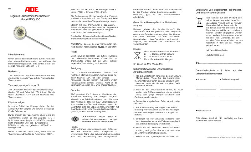 Page 1 de la notice Manuel utilisateur ADE BBQ 1301