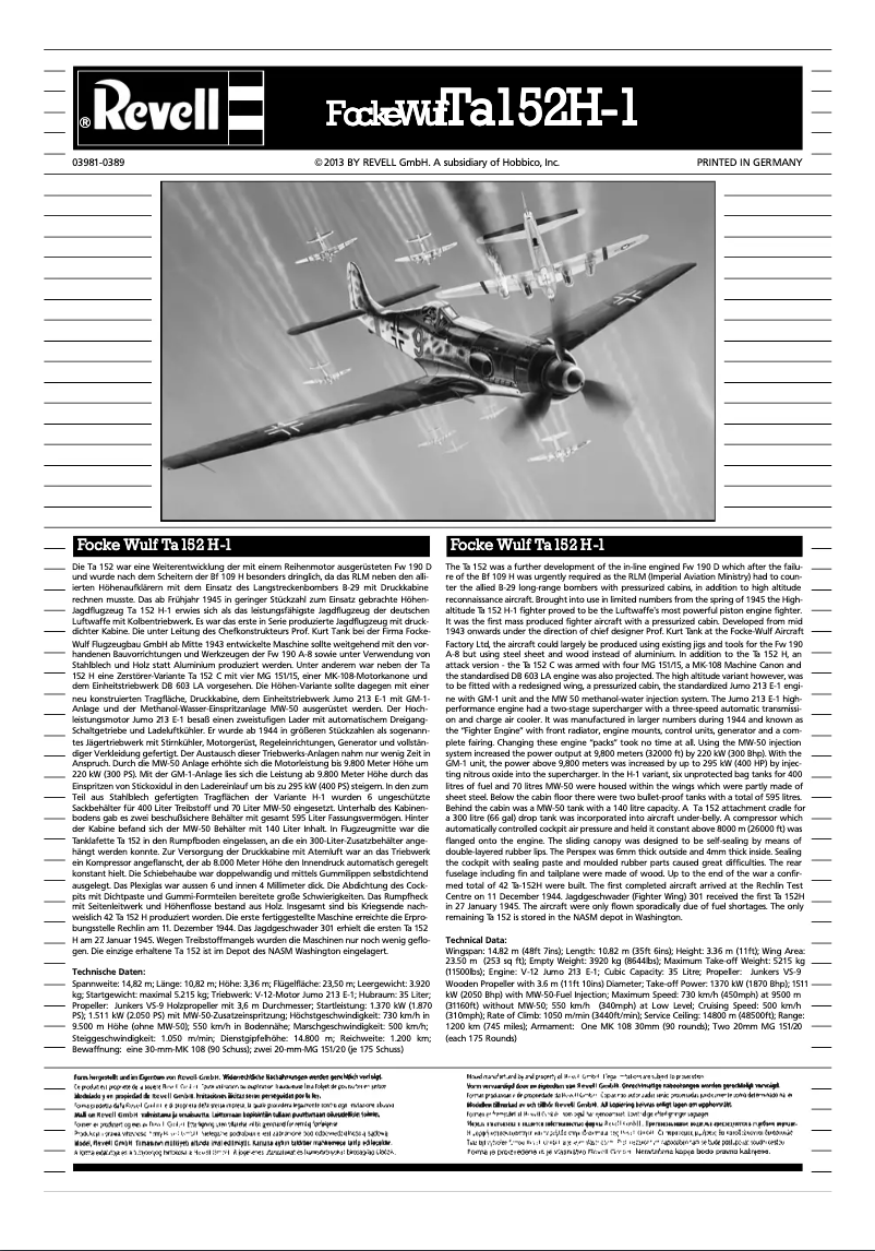 Image de la première page du manuel de l'appareil Focke Wulf Ta 152 H