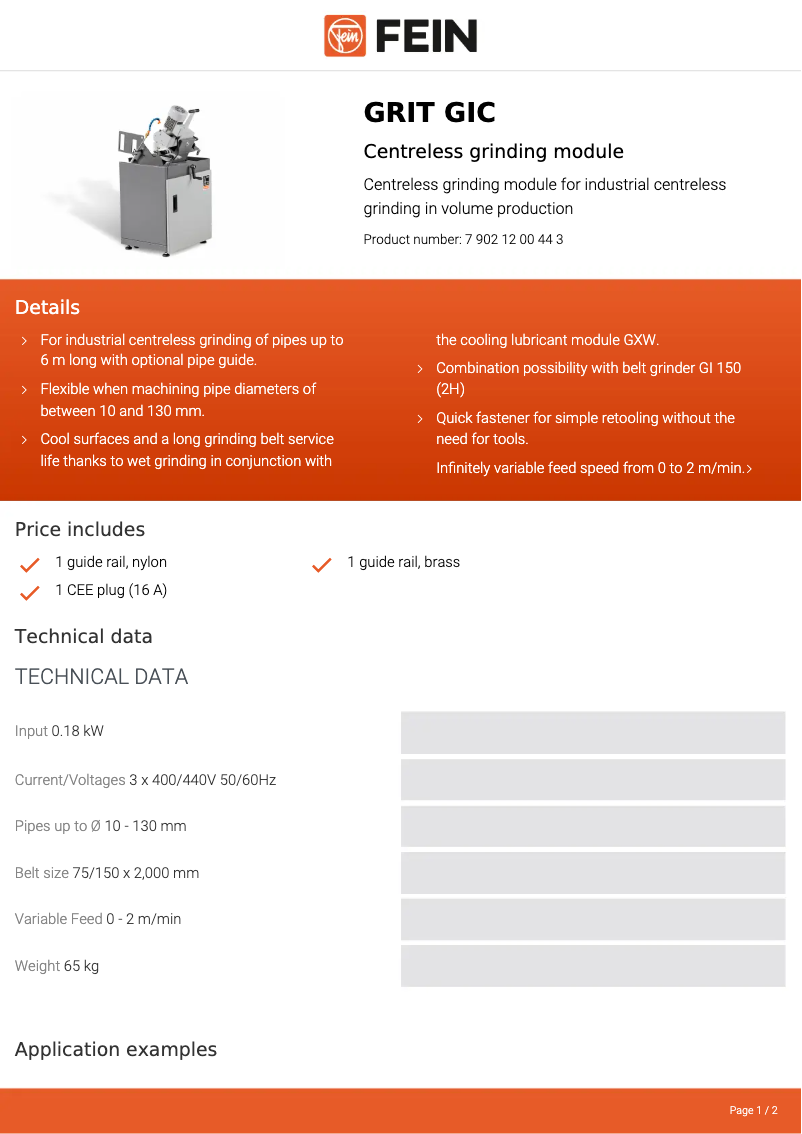 Page n°1 - Fiche technique Fein GRIT GIC